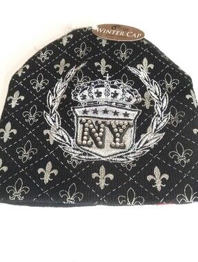 NY Beanie Hat Fleur-de-lis Bling Black Silver NWT